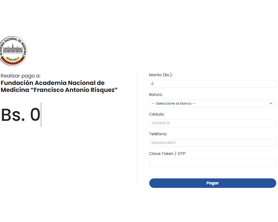 Pasarela de Donaciones C2P - Fundación Academia Nacional de Medicina "Francisco Antonio Rísquez" - Pasarela de pagos desarrollada para recibir donaciones en línea de forma segura, facilitando el apoyo económico a la Fundación Academia Nacional de Medicina.