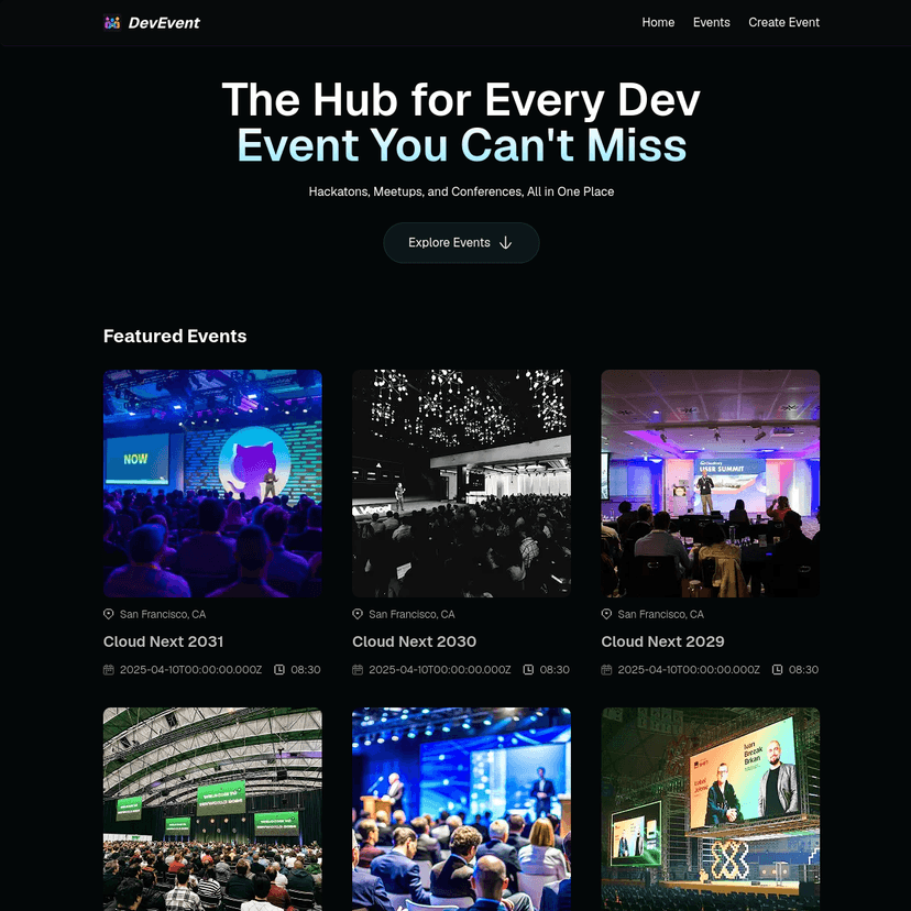 DevEvent - Plataforma de eventos de desarrollo construida como proyecto de un curso de Next.js 16, centralizando hackatones, meetups y conferencias en un solo lugar.