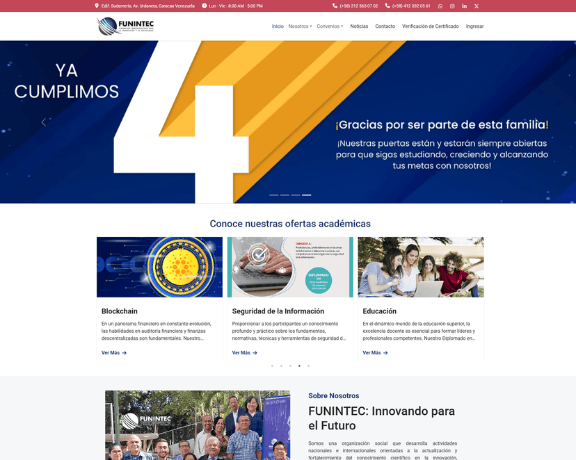 Funintec - Página web institucional desarrollada para una fundación educativa, enfocada en comunicar su misión, programas formativos y generar confianza en estudiantes, representantes y aliados.