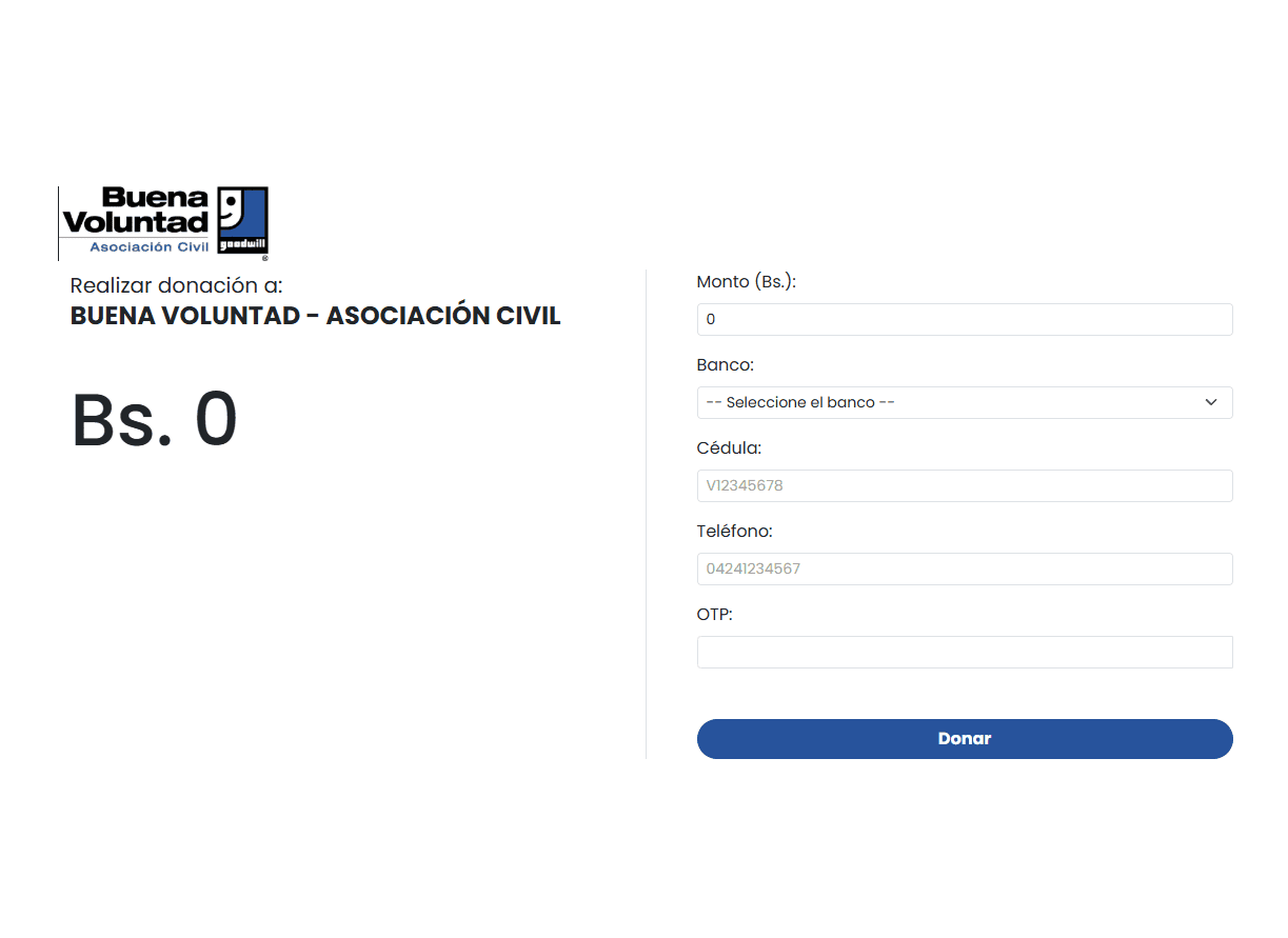 Pasarela de Donaciones C2P - Buena Voluntad Venezuela Asociación Civil - Pasarela de pagos C2P desarrollada para recibir donaciones de forma rápida y segura para la Asociación Civil Buena Voluntad.