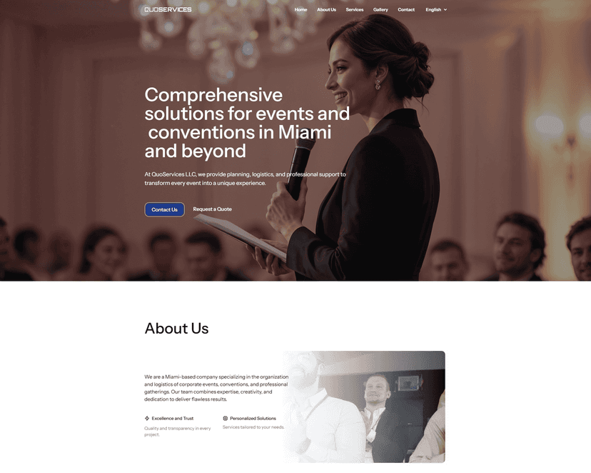 Quo Services LLC - Página web empresarial para Quo Services LLC, enfocada en mostrar sus servicios de gestión de eventos y fortalecer su presencia digital profesional.
